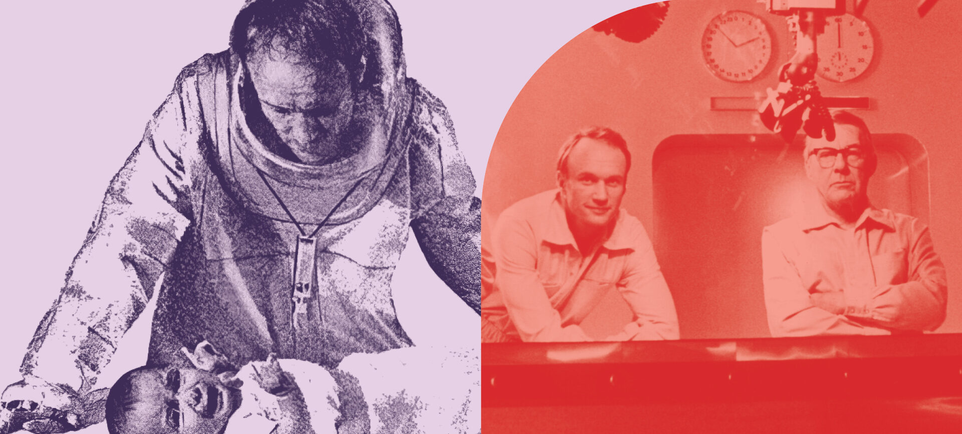 Collage of two images including a man in a hazmat suit looking down at a crying baby and two men looking toward the camera