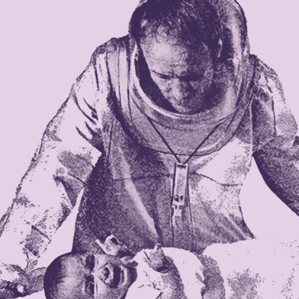 Collage of two images including a man in a hazmat suit looking down at a crying baby and two men looking toward the camera