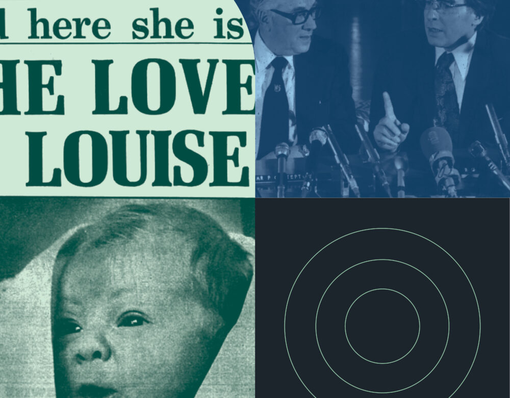 Collage of images including newspaper headline, newborn baby, and men at a conference