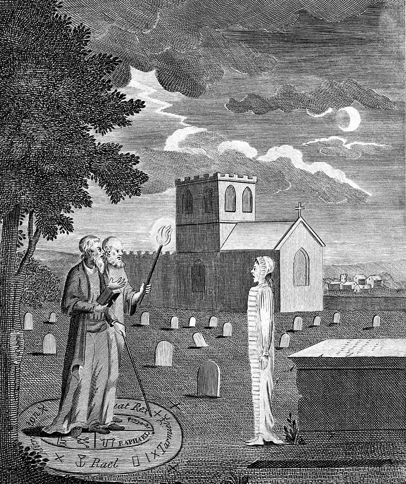 Engraving showing two sorcerers standing in graveyard with a ghost in a nightgown