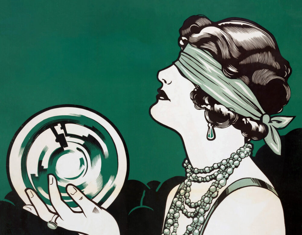 Color illustration of a blindfolded flapper holding a crystal ball