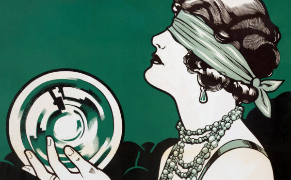 Color illustration of a blindfolded flapper holding a crystal ball
