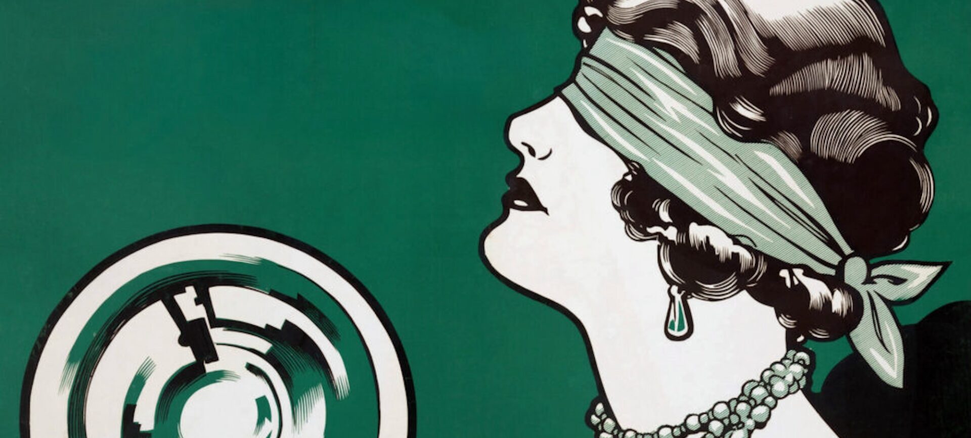 Color illustration of a blindfolded flapper holding a crystal ball
