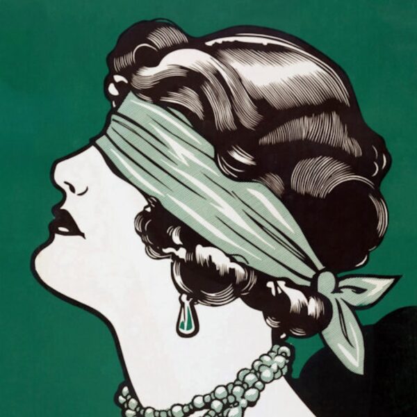 Color illustration of a blindfolded flapper holding a crystal ball