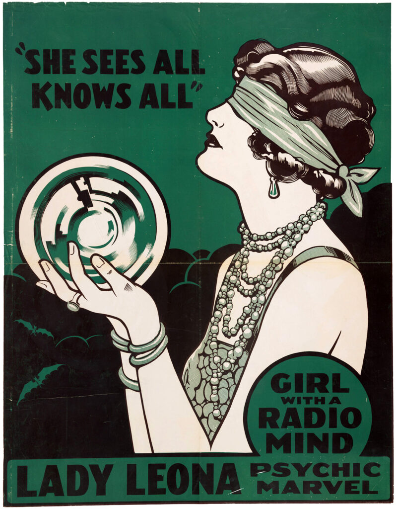 Illustrated poster of a blindfolded flapper holding a crystal ball advertising Lady Leona, psychic marvel, girl with a radio mind, she sees all knows all
