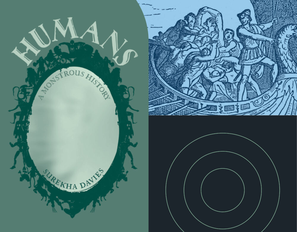 Collage including mirror and drawing of men on a ship fighting monster