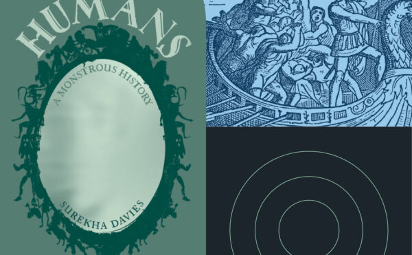 Collage including mirror and drawing of men on a ship fighting monster