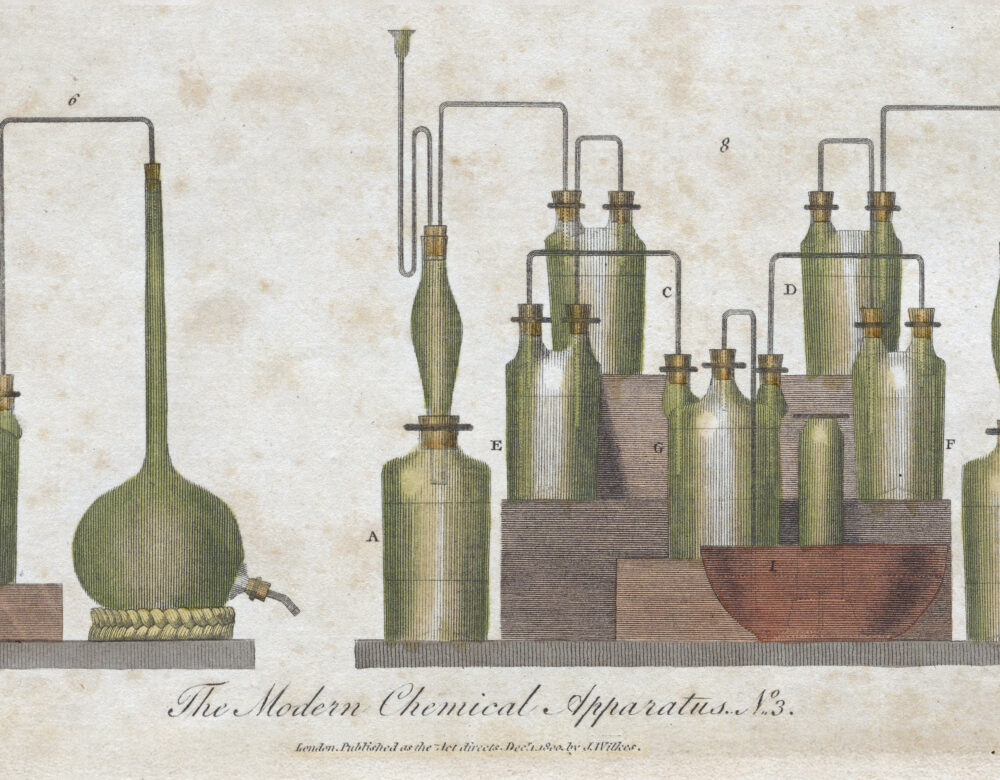 Book illustration in color of early lab apparatus