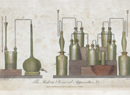 Book illustration in color of early lab apparatus