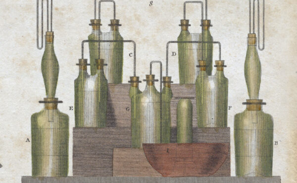 Book illustration in color of early lab apparatus