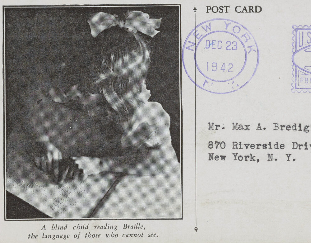 postcard addressed to Max A. Bredig featuring a young girl reading Braille