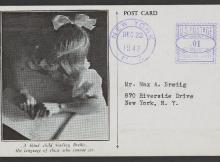 postcard addressed to Max A. Bredig featuring a young girl reading Braille