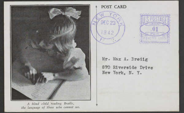 postcard addressed to Max A. Bredig featuring a young girl reading Braille