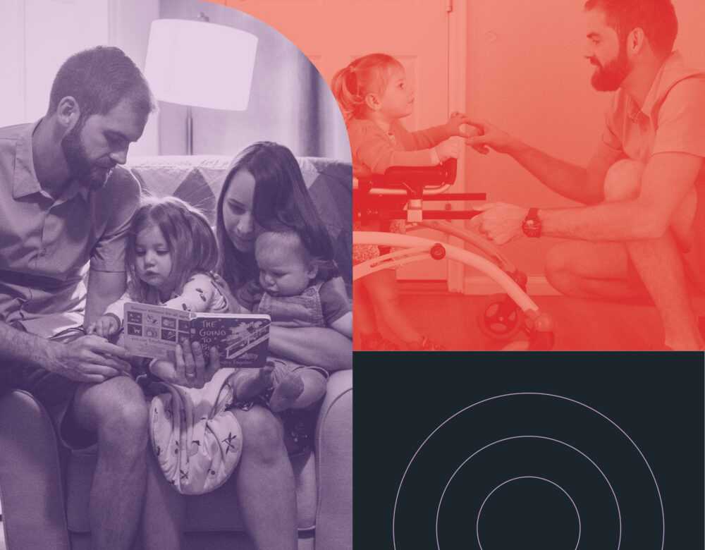 Collage of images including family with two babies and man with baby