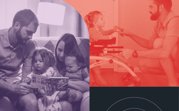 Collage of images including family with two babies and man with baby