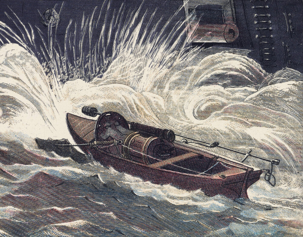 illustration of a torpedo boat on rough sea