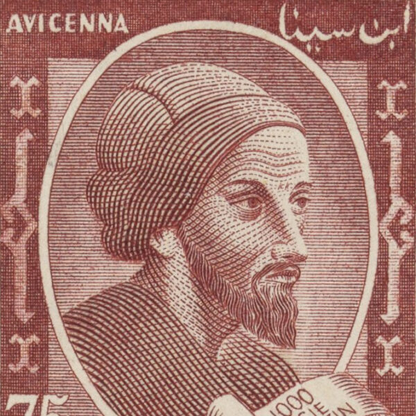 detail of red-toned postage stamp featuring Avicenna (Ibn Sina)