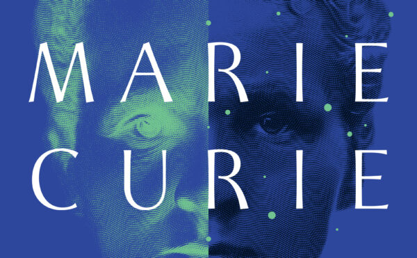 Blue and green cover of book, "The Elements of Marie Curie"