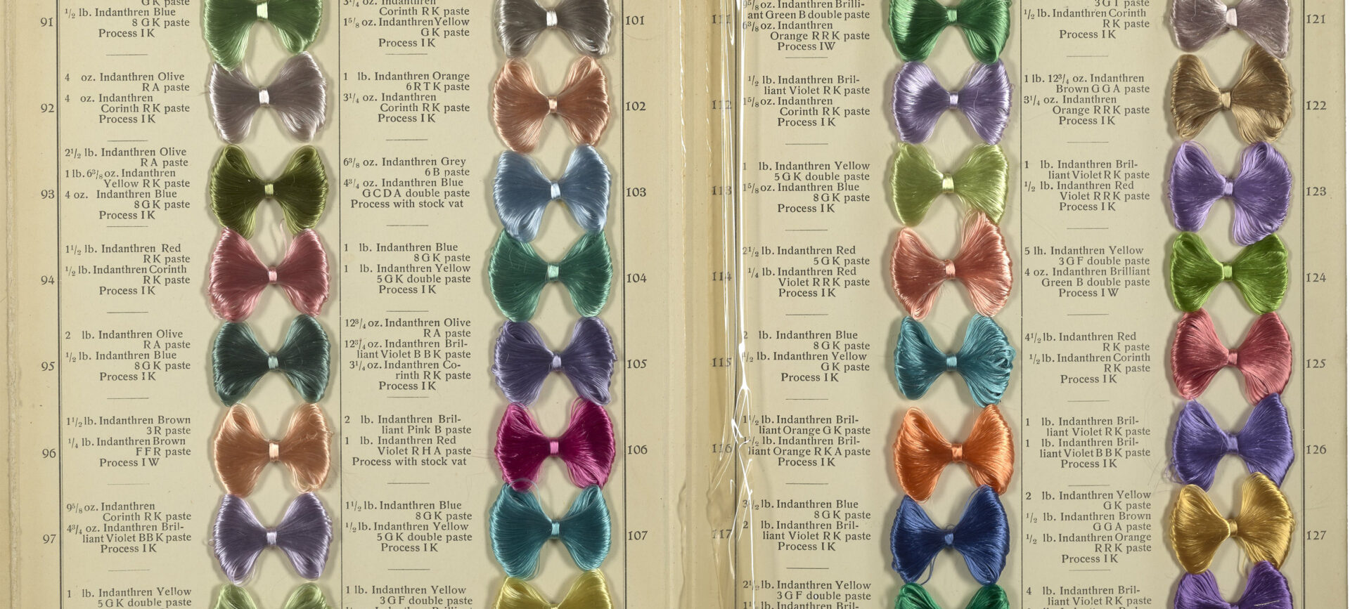 opened book of dye samples looking like bowties
