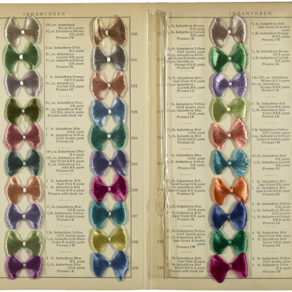 opened book of dye samples looking like bowties