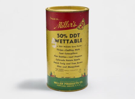 red, yellow, and green can of DDT pesticide