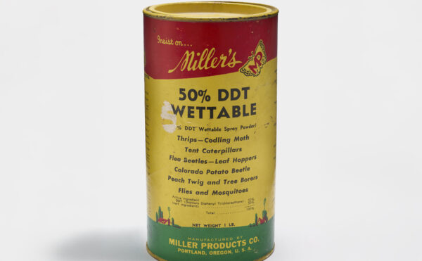 red, yellow, and green can of DDT pesticide
