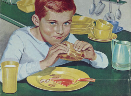 magazine ad with a color illustration of a boy eating peanut butter and jelly sandwich in a kitchen