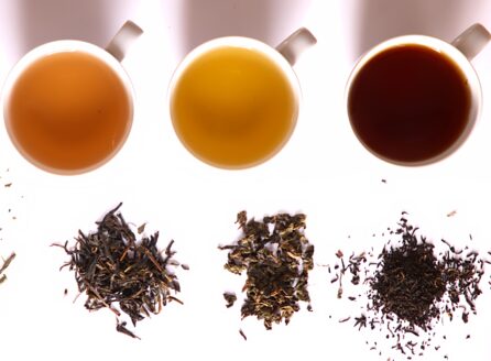 overhead view of cups of tea and tea leaves