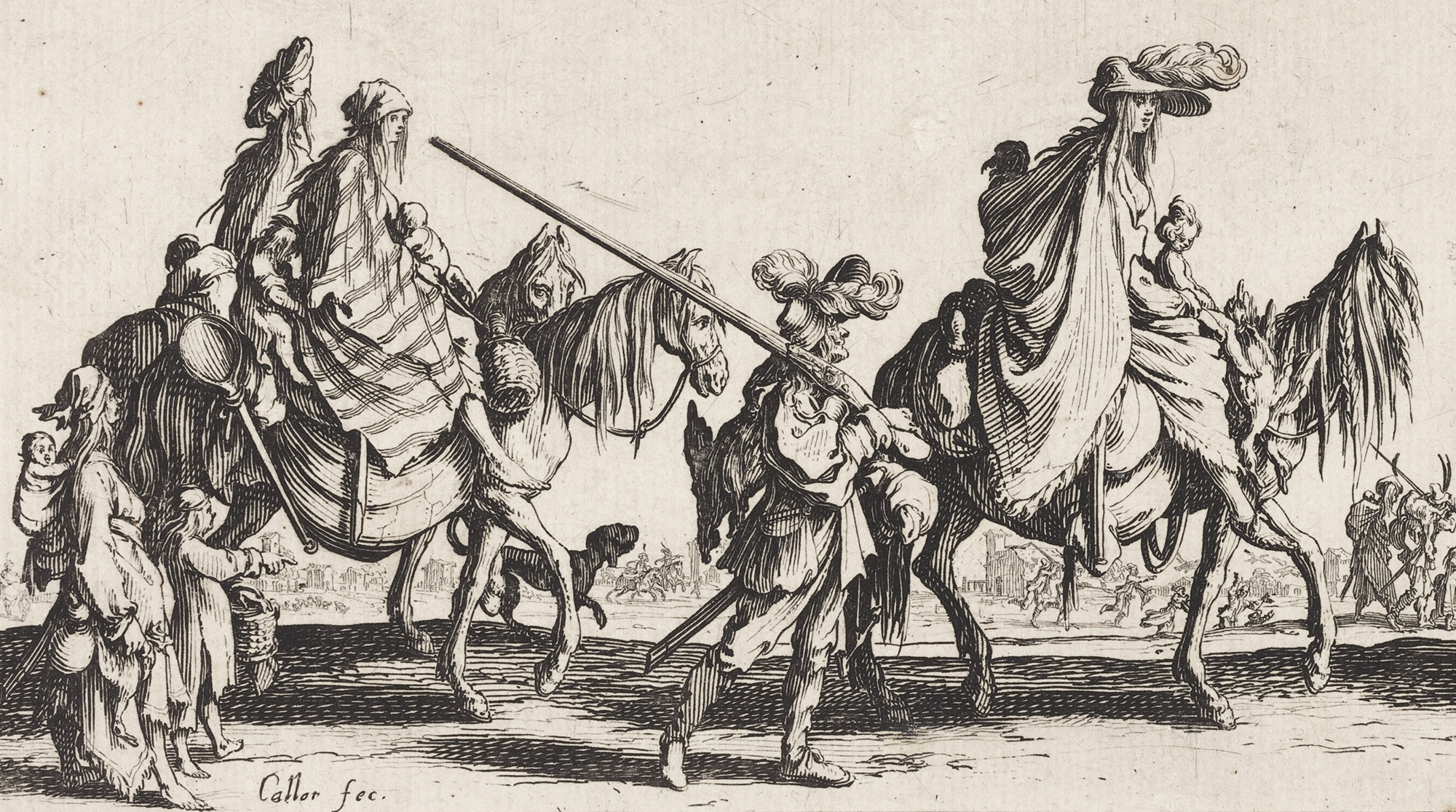 Engraving showing a group of people in 17th-century garb traveling by foot and horseback
