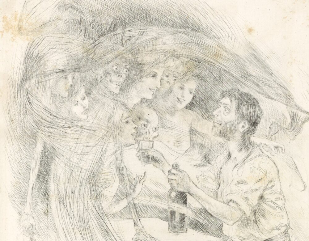 illustration of a drinking man interacting with apparitions