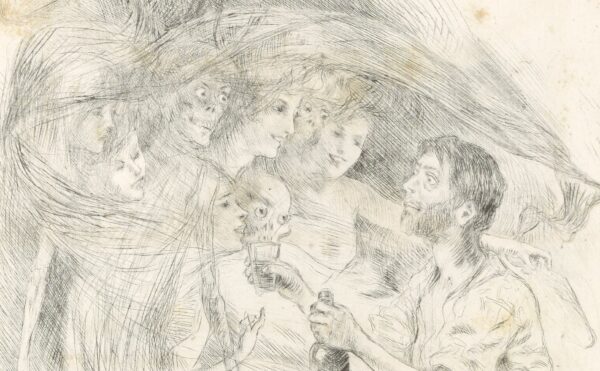 illustration of a drinking man interacting with apparitions