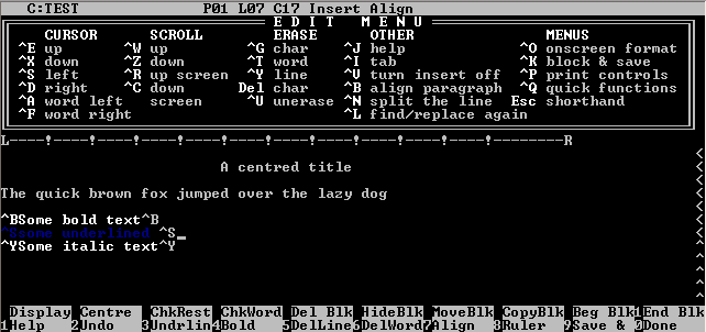 Screenshot of WordStar word processing software running in DOS.