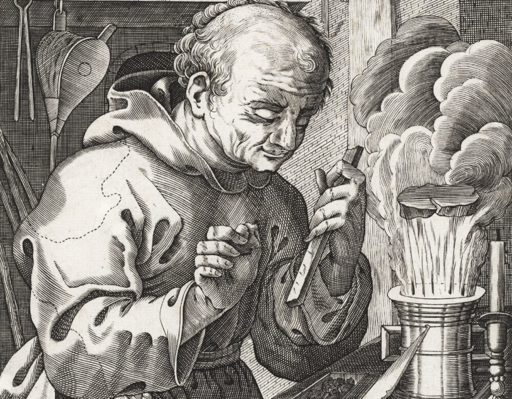 Engraving of a friar working a lab bench while flames and smoke erupt from a pot