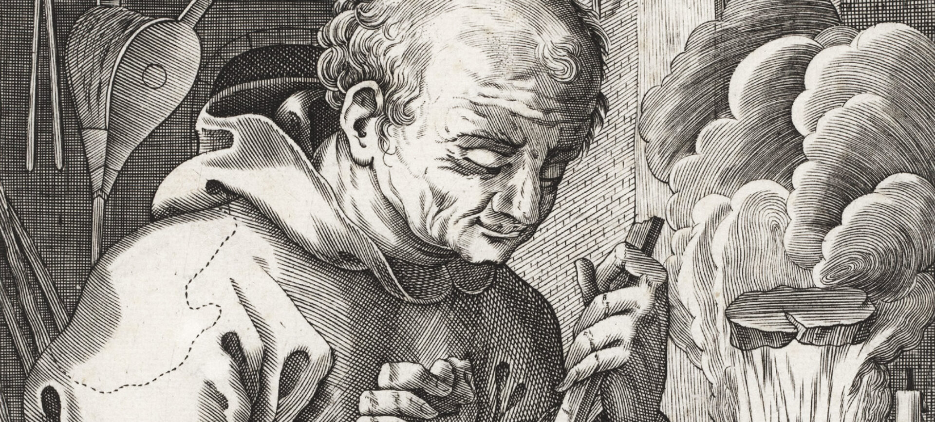 Engraving of a friar working a lab bench while flames and smoke erupt from a pot