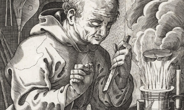 Engraving of a friar working a lab bench while flames and smoke erupt from a pot