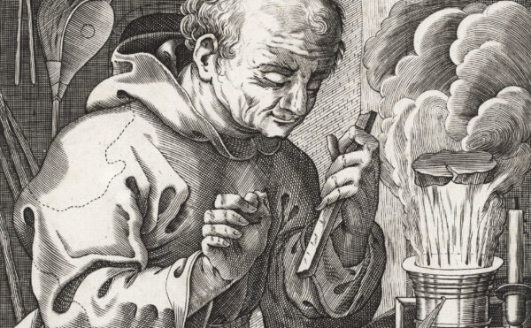 Engraving of a friar working a lab bench while flames and smoke erupt from a pot