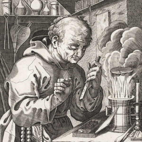 Engraving of a friar working a lab bench while flames and smoke erupt from a pot