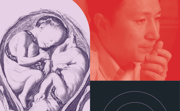 Collage with twins in utero and a phot of scientist He Jiankui