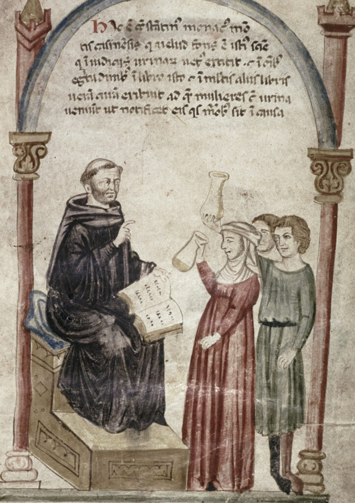 Color manuscript illustration of a monk inspecting flasks of urine held by others