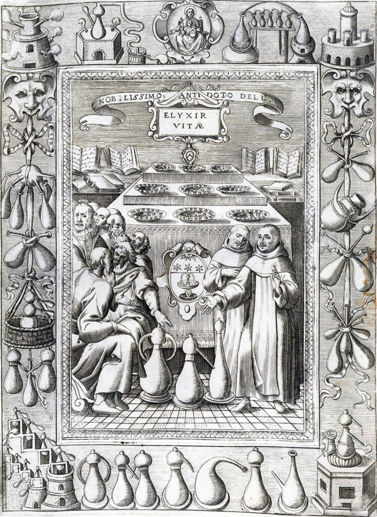 Book engraving showing wise-looking men and friars around alchemical equipment