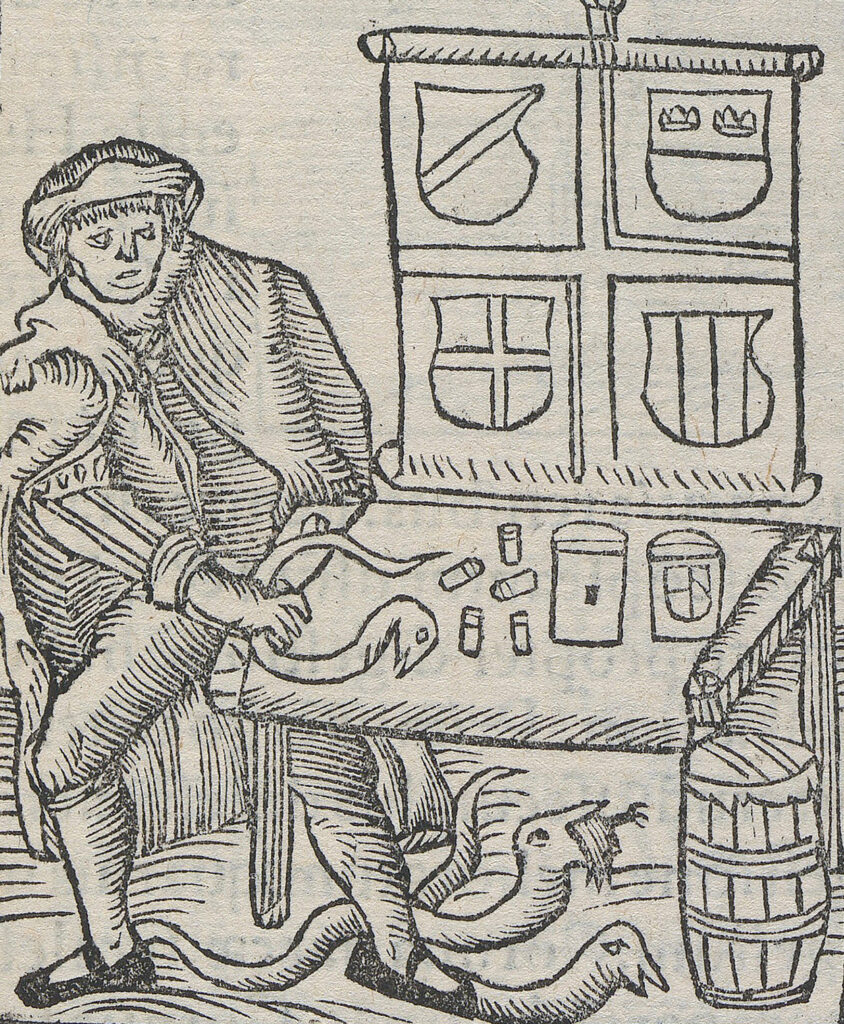 Woodcut shows a man holding a snake down on a table while others wriggle at his feet