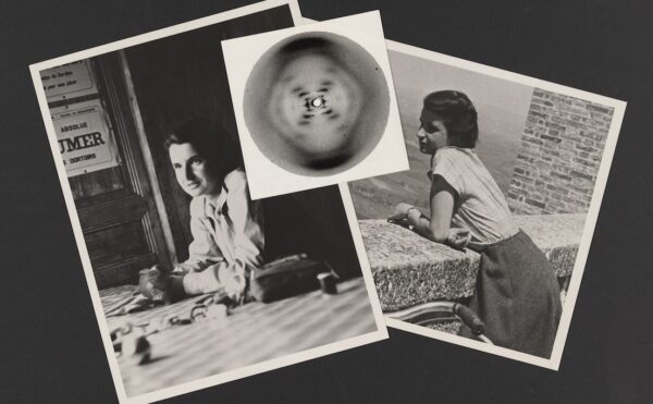 collage showing Photo 51 and two portraits of Rosalind Franklin