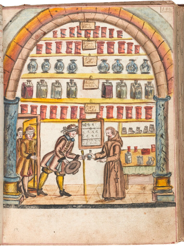 Color manuscript illustration showing a friar in a pharmacy handing medicine to men with bandages on covering their eyes