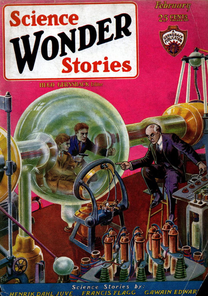 A color photo of a magazine cover with a drawing of three men engaged in a standoff surrounded by futuristic electrical machinery