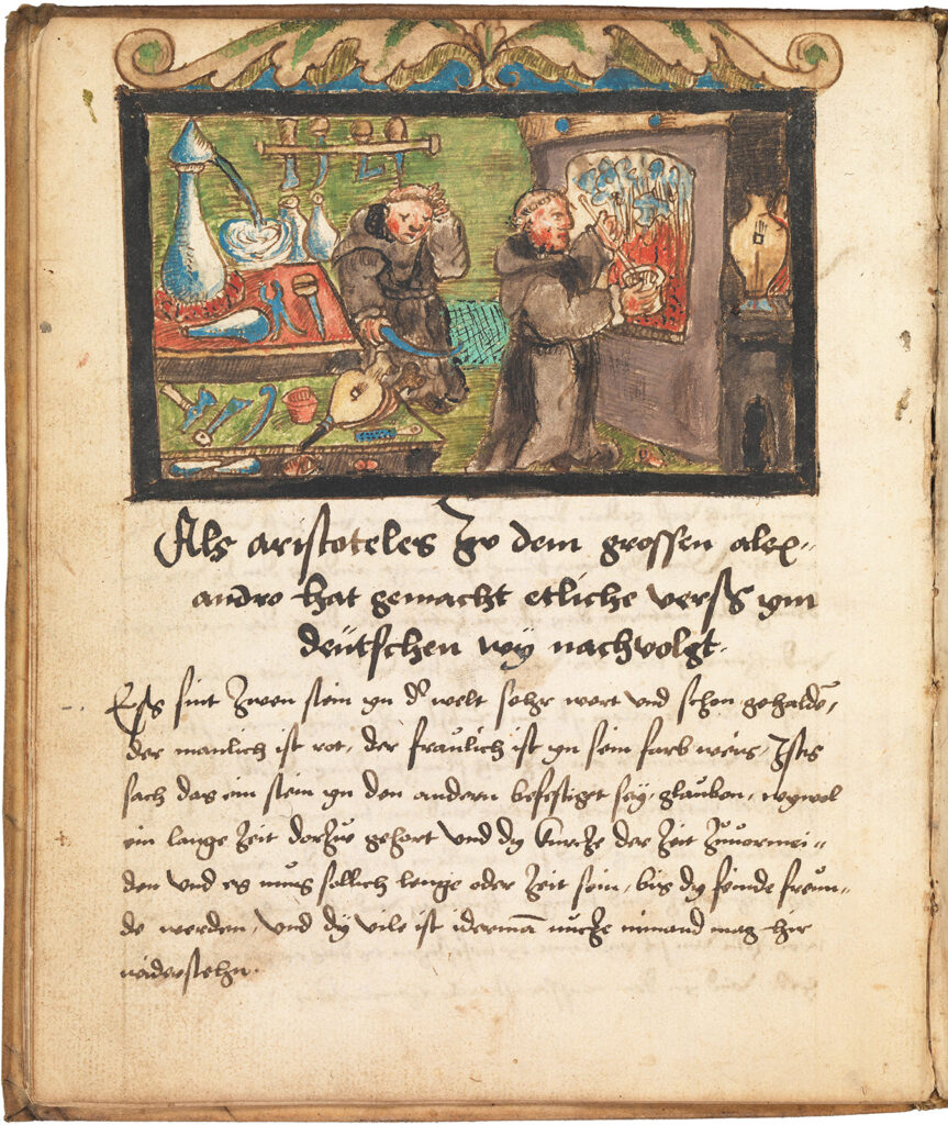 Color manuscript illustration showing two men working in a lab with furnace, with text below
