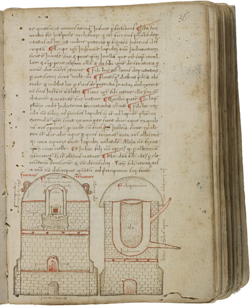 Latin manuscript page with two illustrations of furnaces