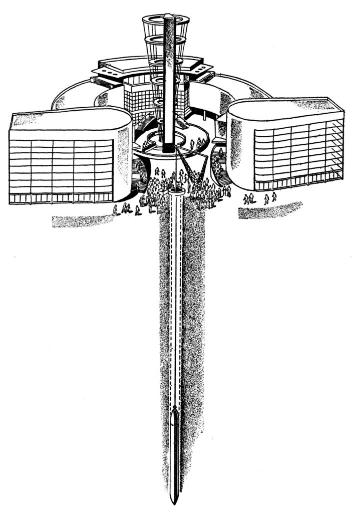 A black and white illustration of a time capsule burial chamber with a building in the background