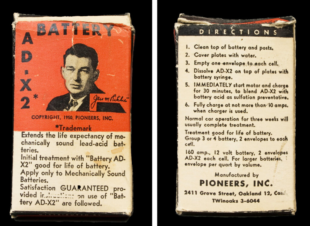 Photos of the front and back of a box; a man’s face and signature appear on the front with marketing copy; the back carries instructions.