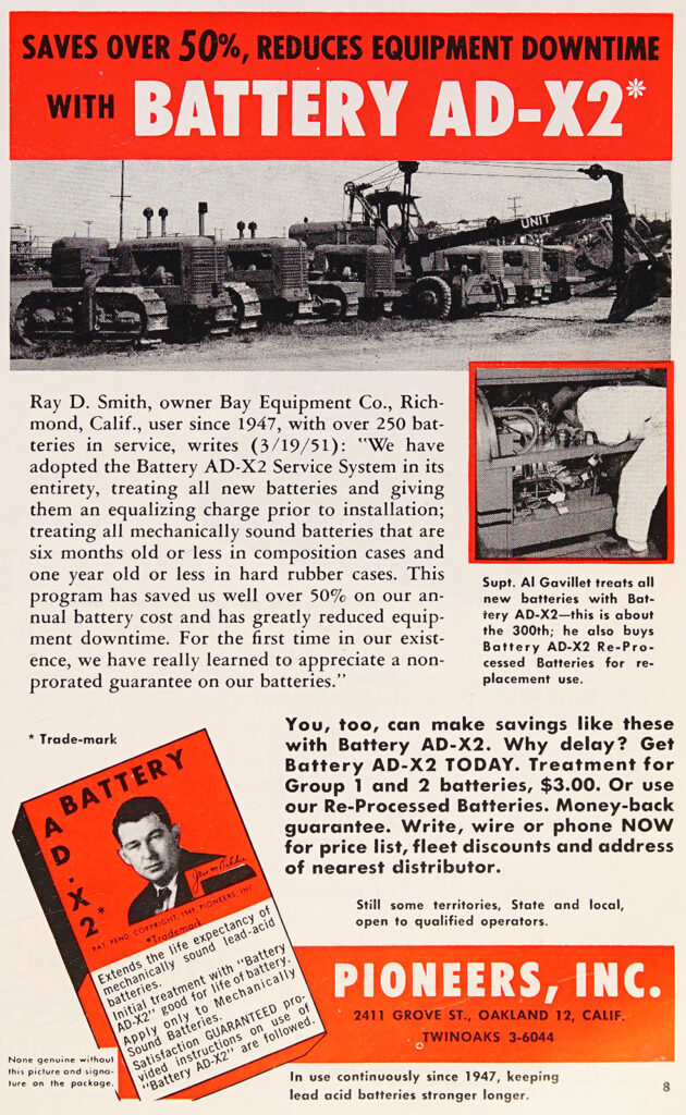 A black and white magazine advertisement with orange accents that reads: “Saves Over 50%, Reduces Equipment Downtime with Battery AD-X2.” Features a photograph of construction equipment, a maintenance technician treating a battery, and a box of AD-X2 with Jess M. Ritchie’s portrait.