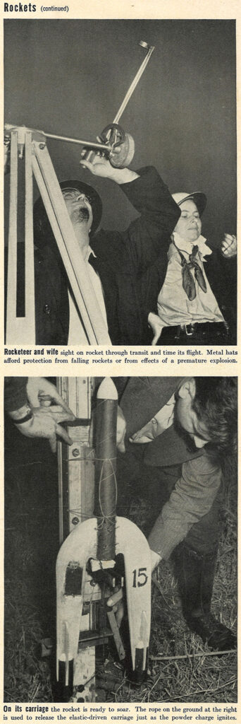 Magazine clipping showing two black and white photos with captions, one with a man and women wearing helmets, the other a close-up a rocket component
